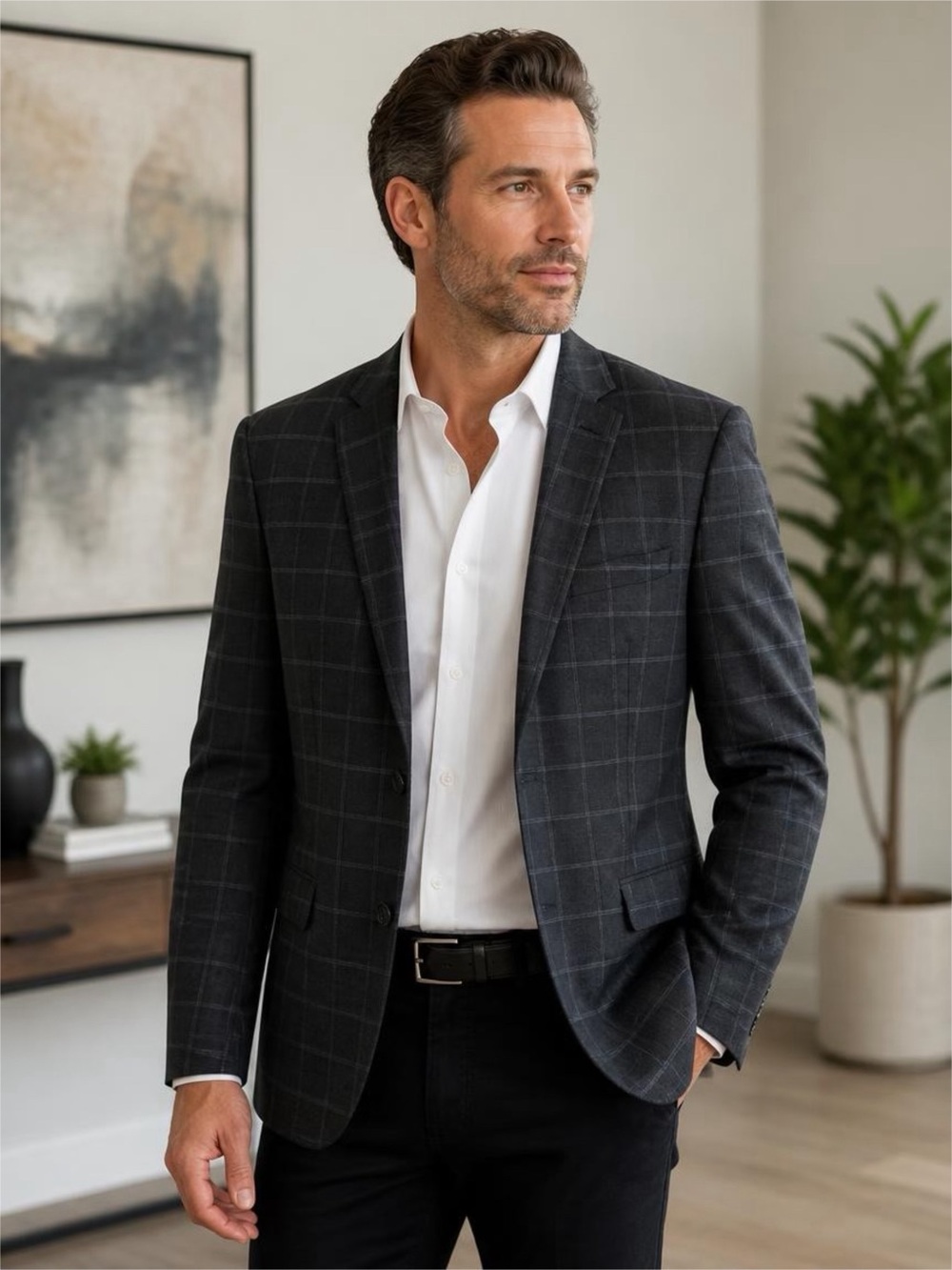 Men's Charcoal Windowpane Navy Sports Coat Blazer - Classic Tailored Jacket